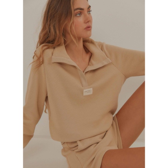 Vacancy Supply Sweaters - Vacancy Supply Drift Collared Waffle Sweater in Beige